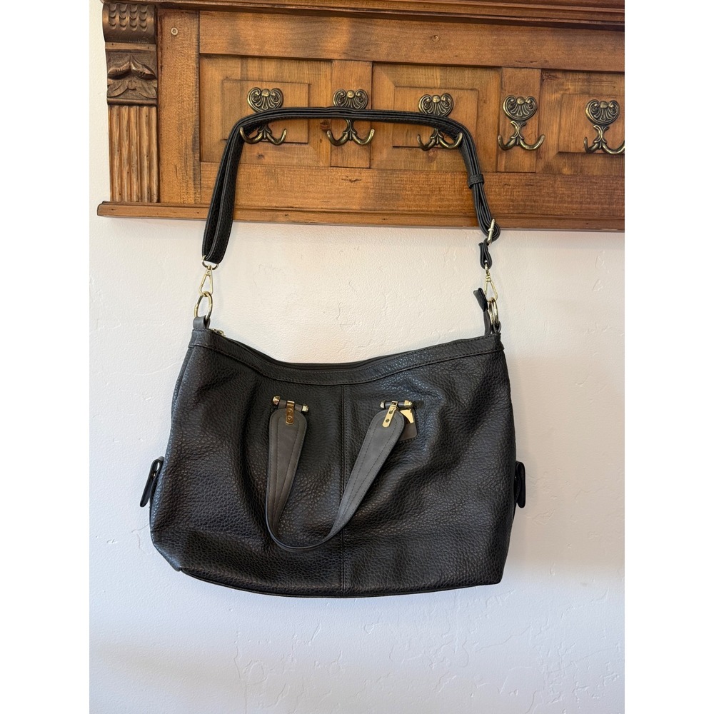 Expressions NYC Black Pebbled Vegan Leather Satchel Crossbody Bag Striped Lining